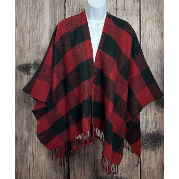 Abercrombie & Fitch Blanket Scarf Poncho Red Black Plaid Flannel One Size - Picture 2 of 7